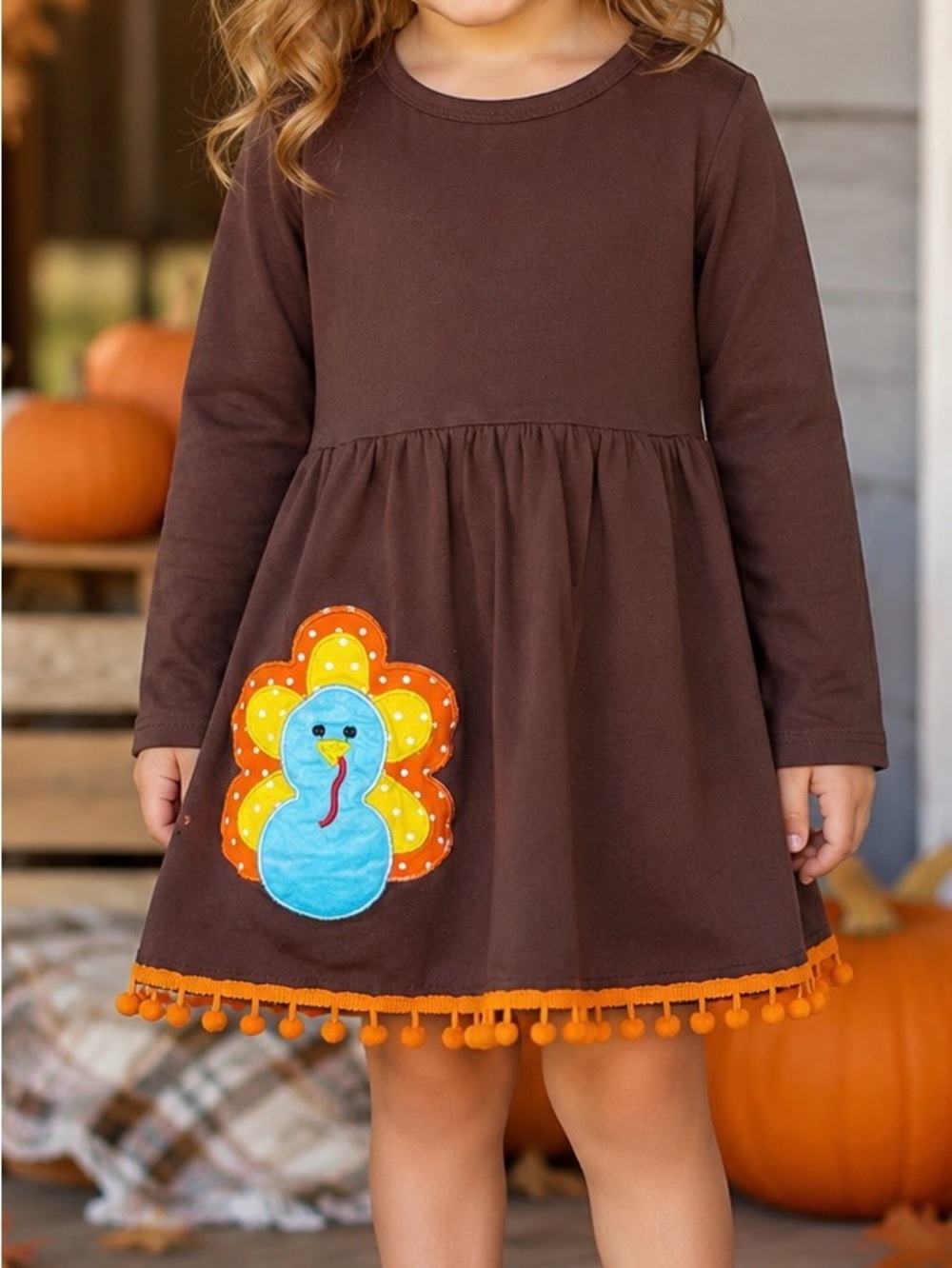 Girls 4T Brown Turkey Applique Thanksgiving Dress Pom Pom Trim Fall
